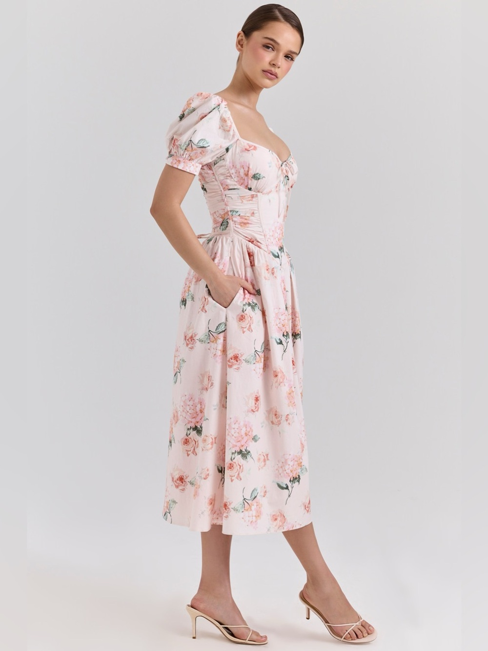 House of CB LULABELL Peach Floral Cotton Puff Sleeve Midi Dress NWT - Picture 3 of 9